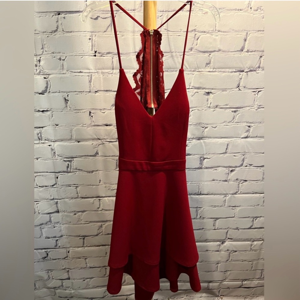B. Darlin Maroon Spaghetti Strap Juniors Fit and Flare Dress with Lace Back